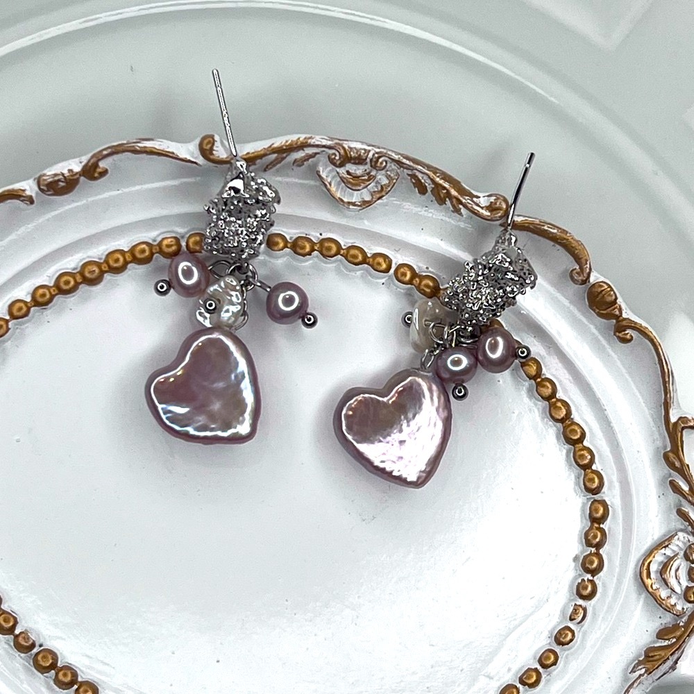 Handmade Freshwater Baroque Pearl Heart 💜 Earrings Rhodium Plated - Picture 1 of 3